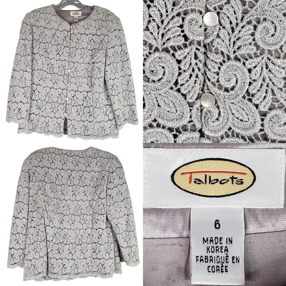 Talbots Cardigan Women’s Sweater Size 6 Gray Silver Metallic Button Down Lace